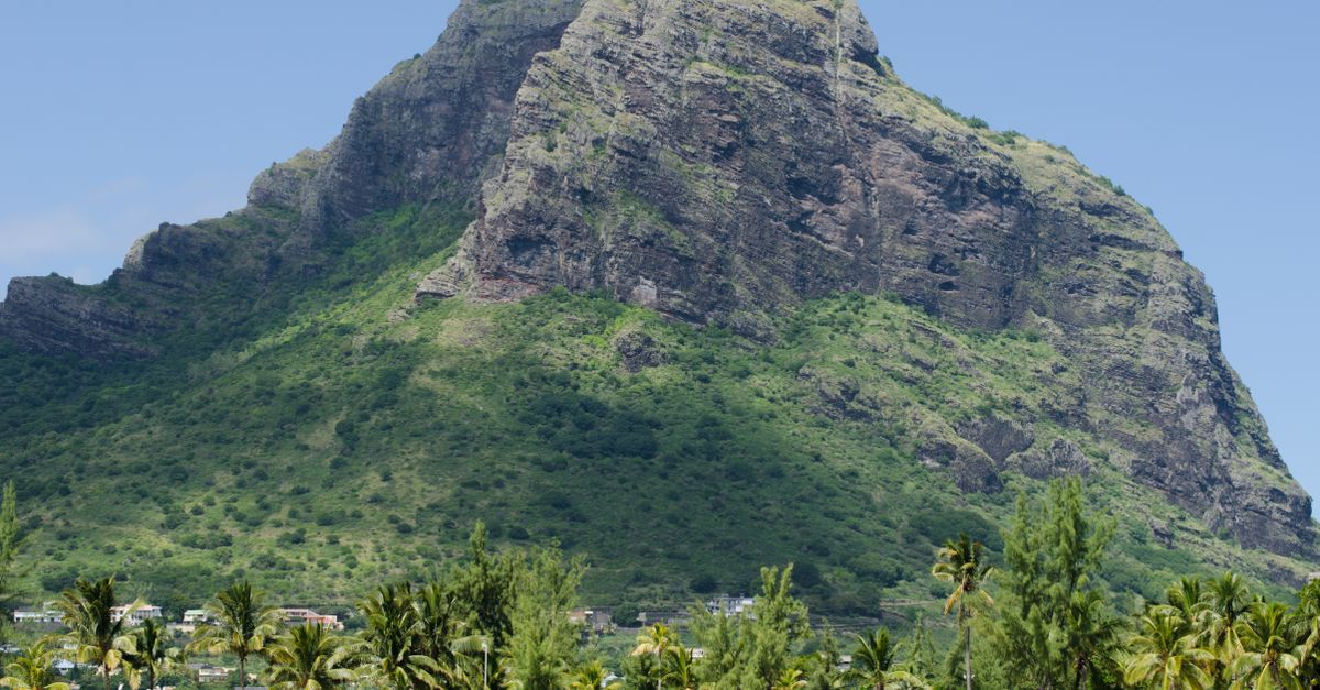 Breathtaking view of Le Morne Brabant mountain and beach in Mauritius. Ideal travel destination.