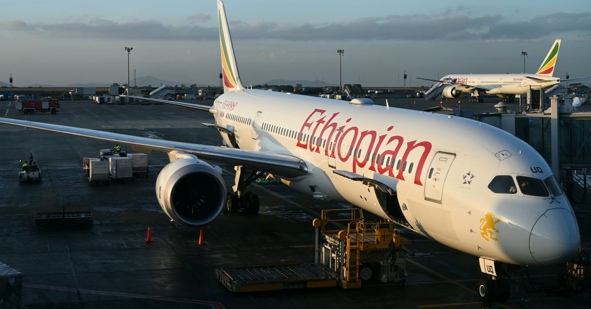 Ethiopian Airlines Boeing 787 parked at Bole International Airport, Addis Ababa.