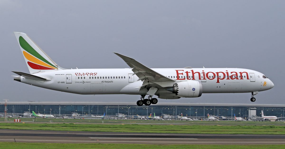 Ethiopian Airlines Boeing 787 Dreamliner lands smoothly on a runway.