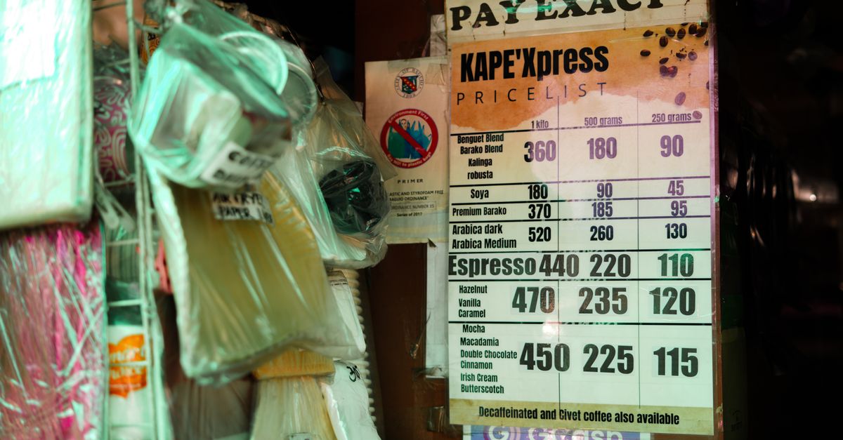 A detailed price list showcasing coffee varieties at a small café, featuring espresso and special blends.