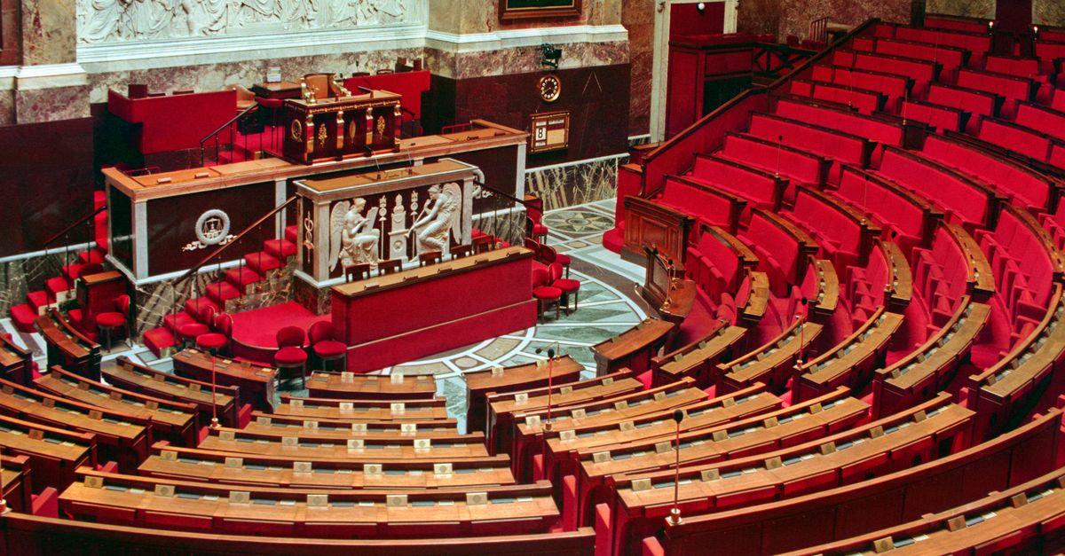 Bright and elegant view of the French National Assembly's rich interior with red seats and ornate decor.