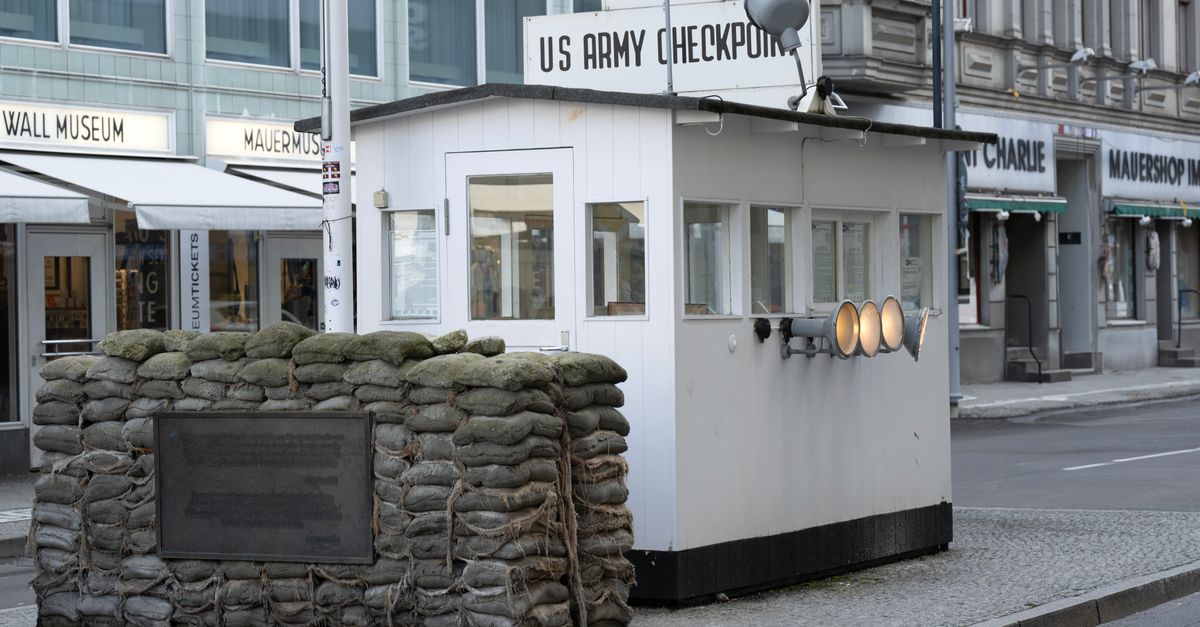 Historic US Army checkpoint at Berlin's Mauermuseum near former Berlin Wall.