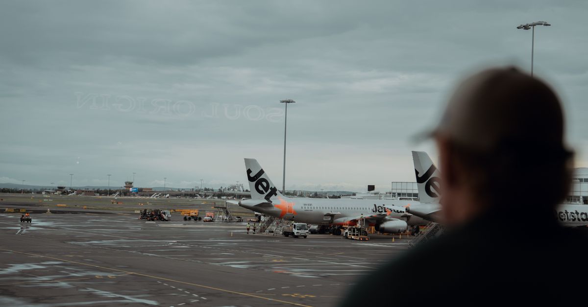 View of Jetstar airplanes parked at Sydney Airport with overcast skies and a passenger silhouette.
