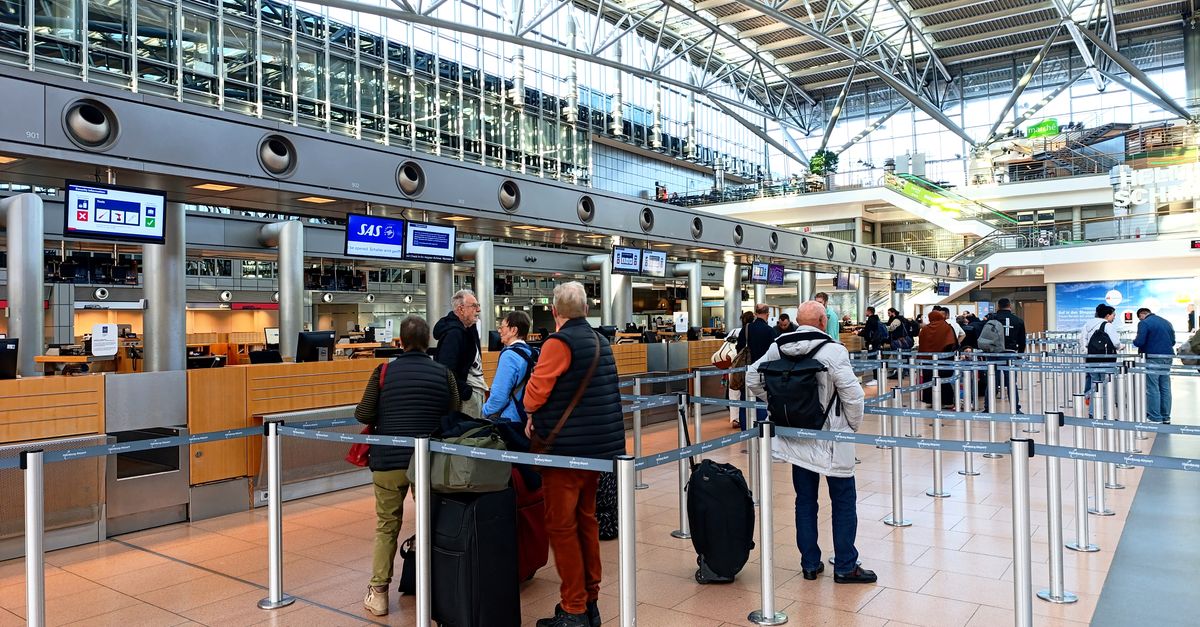 Travelers in line at Hamburg Airport's check-in counters, showcasing modern architecture.