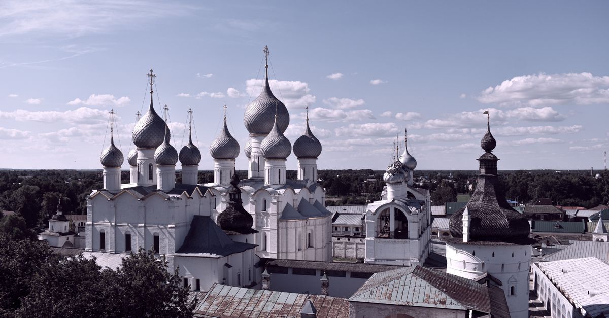 Stunning aerial view of the Rostov Kremlin under a summer sky in Russia.
