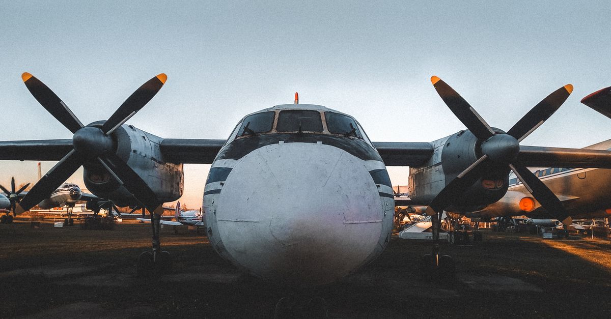 Front view of a vintage aircraft with propellers on display in Ulyanovsk, Russia.