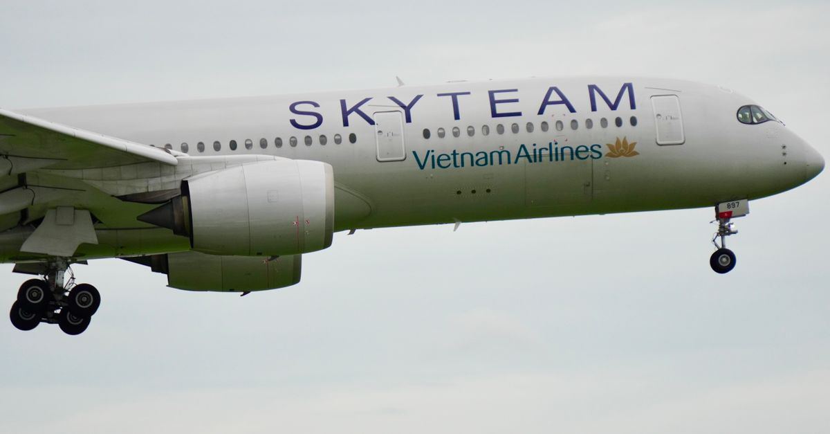 A Vietnam Airlines plane in SkyTeam livery flying in clear sky, showcasing its underbelly and landing gear.