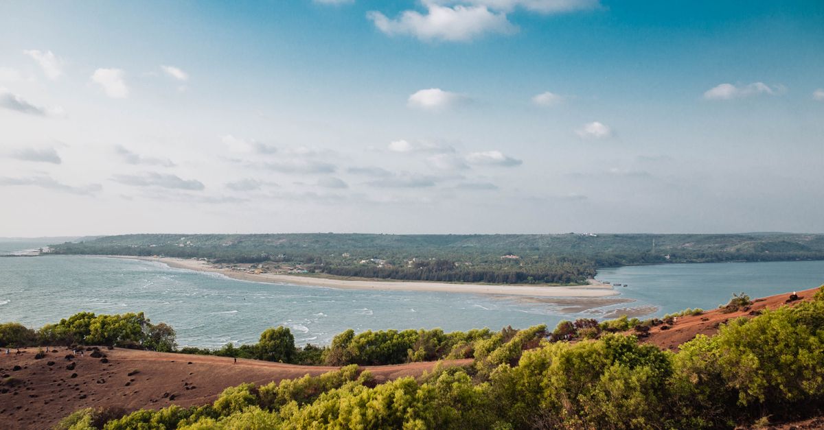 A picturesque view of Mandrem Beach with lush greenery and blue sky in Goa, India.
