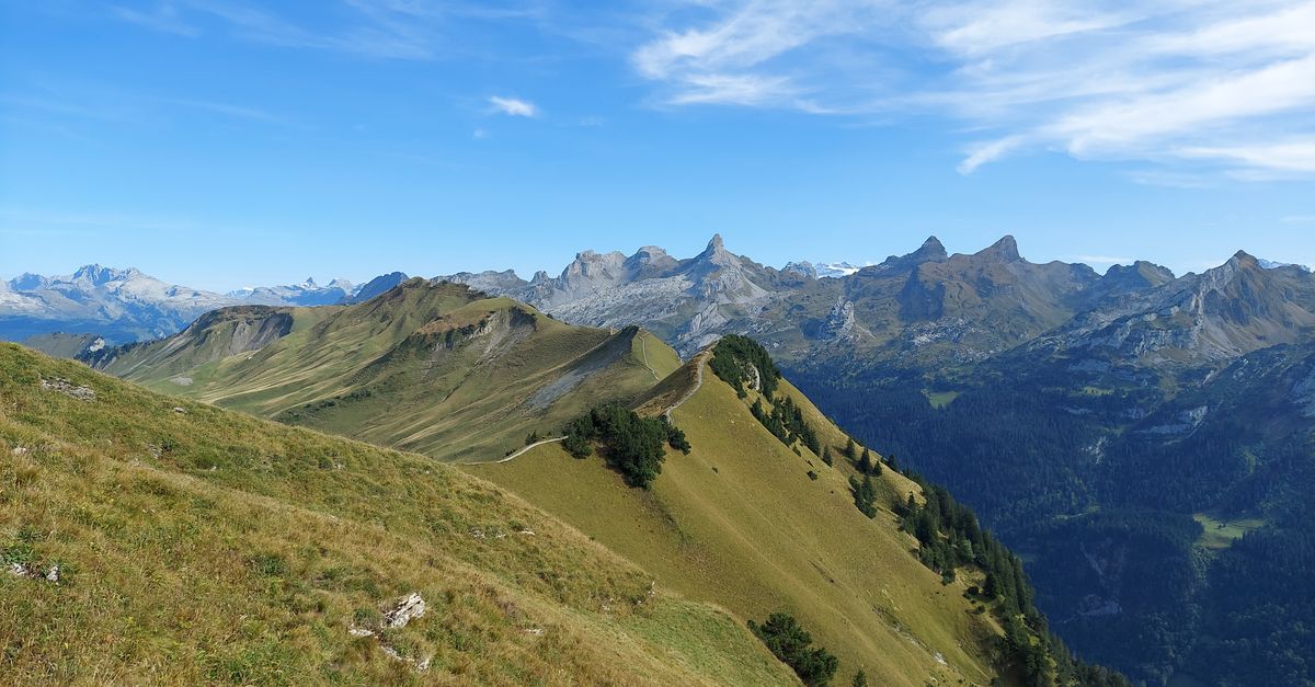 Breathtaking view of rolling hills and majestic mountains in Arth, Switzerland, under a clear blue sky.