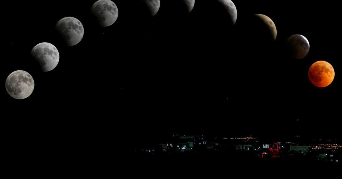 Captivating lunar eclipse sequence featuring blood moon over cityscape.