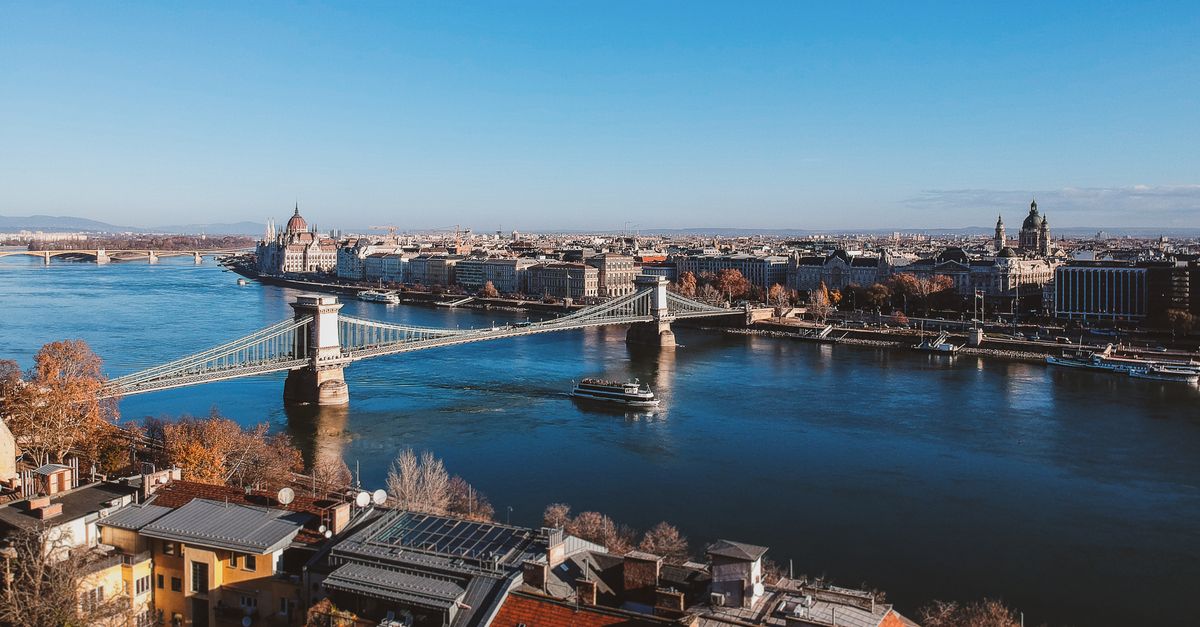 A breathtaking aerial view of Budapest with the iconic Chain Bridge over the Danube.