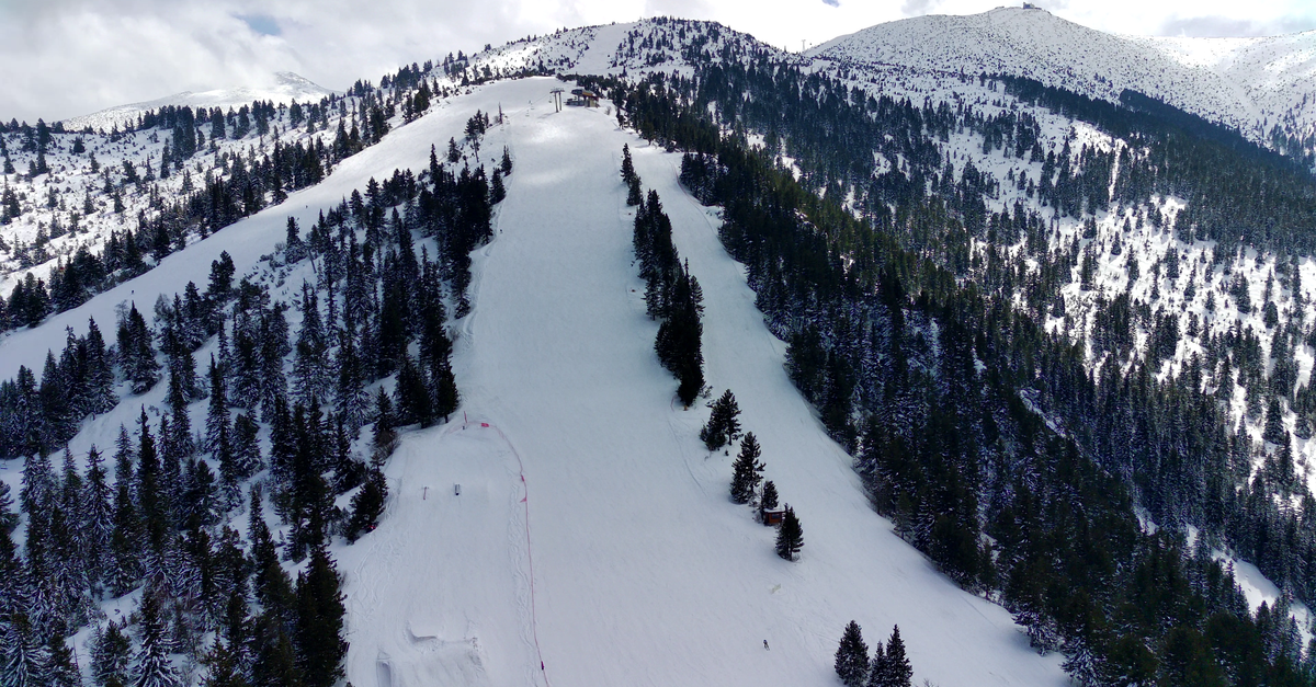 An aerial shot of a snow-covered ski slope surrounded by a dense pine forest in winter.